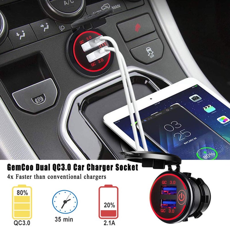 GemCoo Quick Charge 3.0 Dual USB Car Charger Socket with Touch Switch 12V/24V 36W QC3.0 Dual USB Fast Charger Socket Power Outlet for Marine, Boat, Motorcycle, Truck, Golf Cart(Red) - Image 4